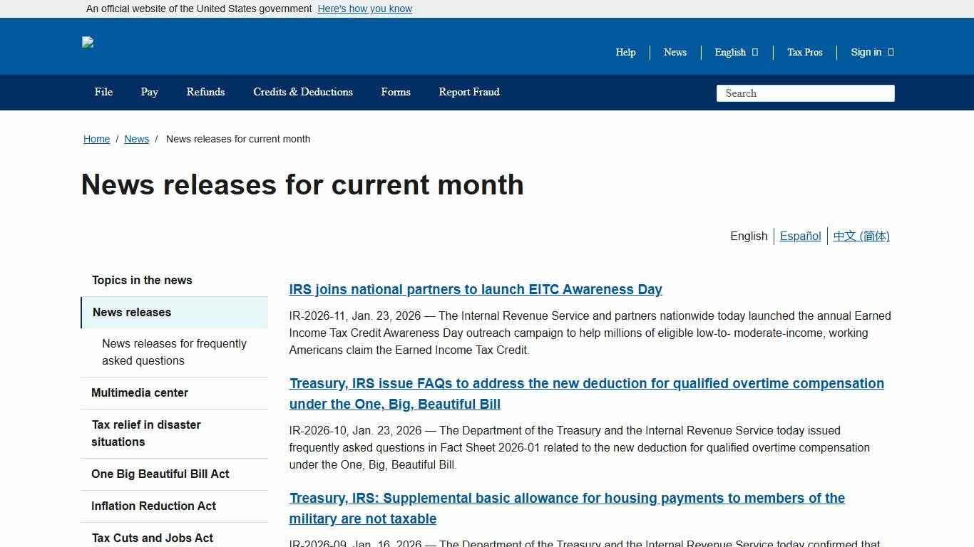 News releases for current month Internal Revenue Service