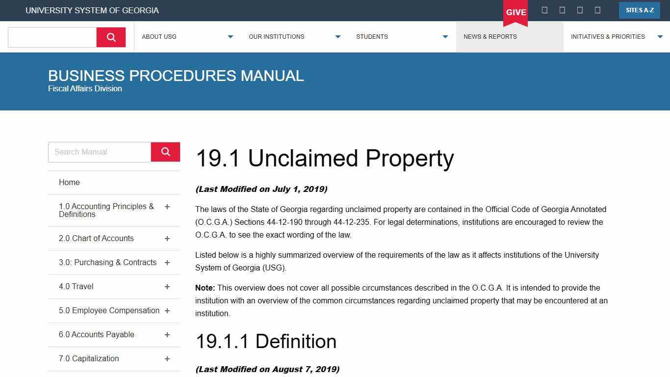 Business Procedures Manual 19.1 Unclaimed Property University System of Georgia